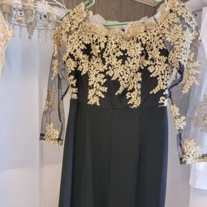 Embroidered off shoulder mesh panel jumpsuit